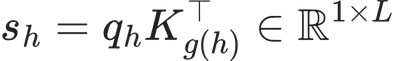 s_h = q_h K_{g(h)}^\top \in \mathbb{R}^{1\times L}