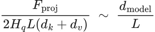 \frac{F_{\text{proj}}}{2H_q L (d_k+d_v)} \;\sim\; \frac{d_{\text{model}}}{L}